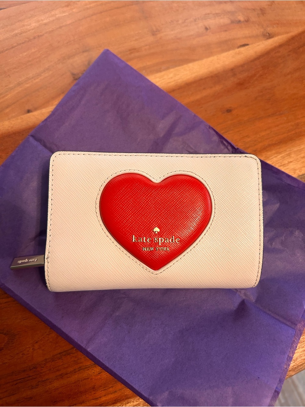 Kate Spade leather cream wallet with red heart detail